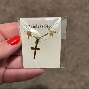 Gold Tone- Stainless Steel - Cross Necklace Set -